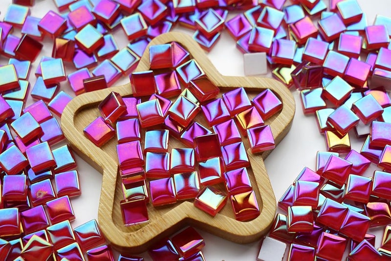 CHICSHIS 0.66lbs Ruby Red Iridescent Mosaic Tiles, 3/8" Square Glass Pieces With Smooth Edges, Ideal for Making Supplies, Small Colored Glass Tiles for DIY Coaster Projects - Image 4
